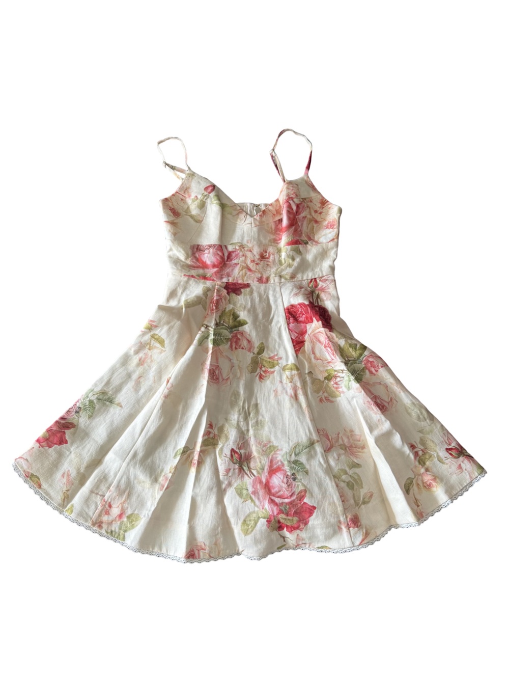 Zimmermann White Floral Spaghetti-Strap Mini Dress with Pink & Green Roses